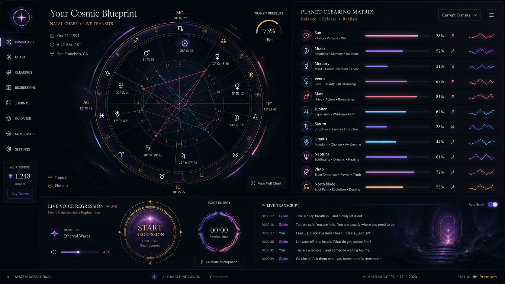 Past Life Labs dashboard interface showing natal chart, voice controls, credit wallet, and clearing activity